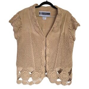 Y2K Tan Leather & Crochet Short Sleeve Blazer Jacket Plus Size X